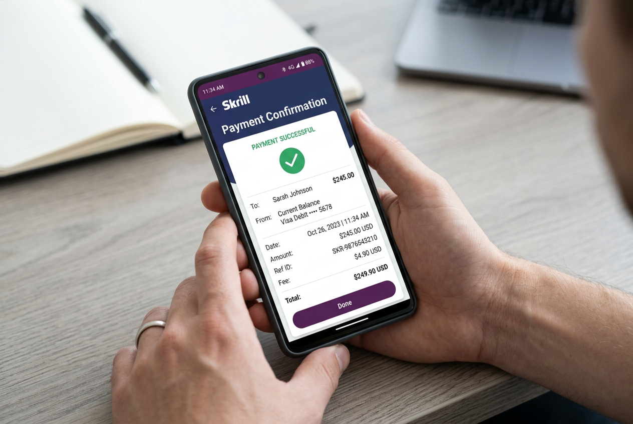 Interfejs aplikacji mobilnej Skrill na nowoczesnym smartfonie